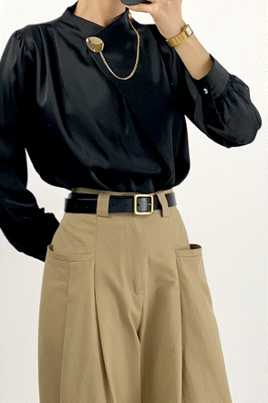 Black Mock Neck Ornamental Lantern Sleeve Blouse