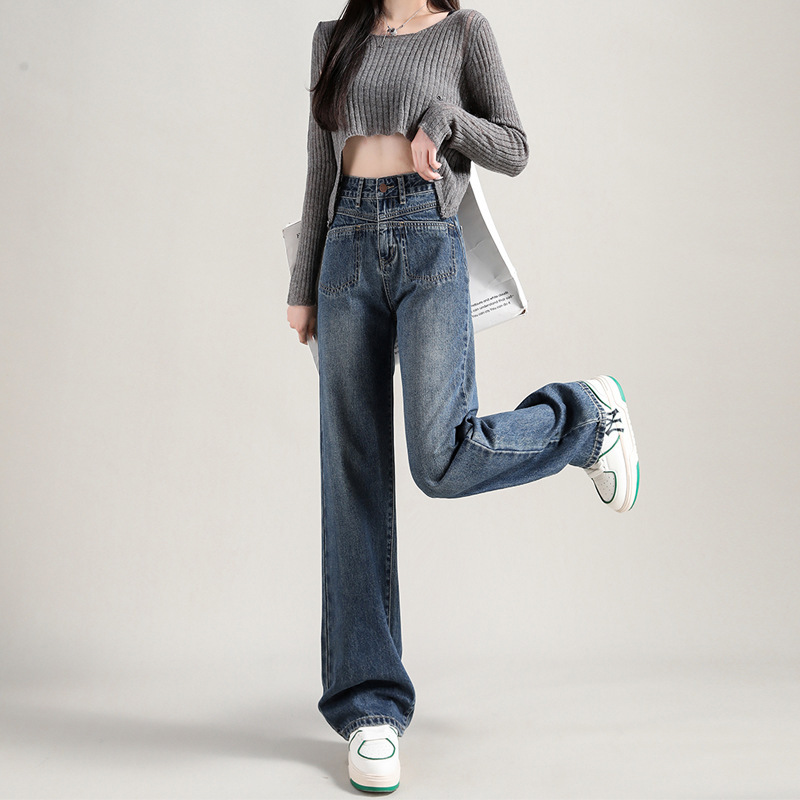 Blue High-Rise Straight-Leg Panel Pocket Jeans