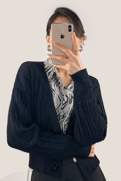 Black Plunge V-Neck Ribbed Knit Cardigan