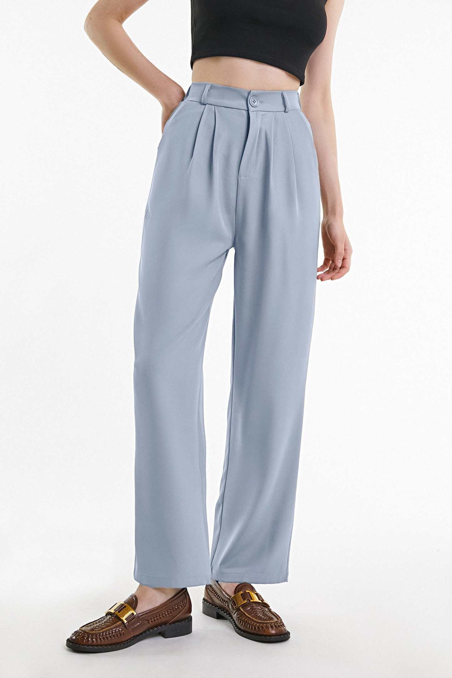 Light Steel Blue  Half Elastic Pleat Detail Wide Leg Suit Pants