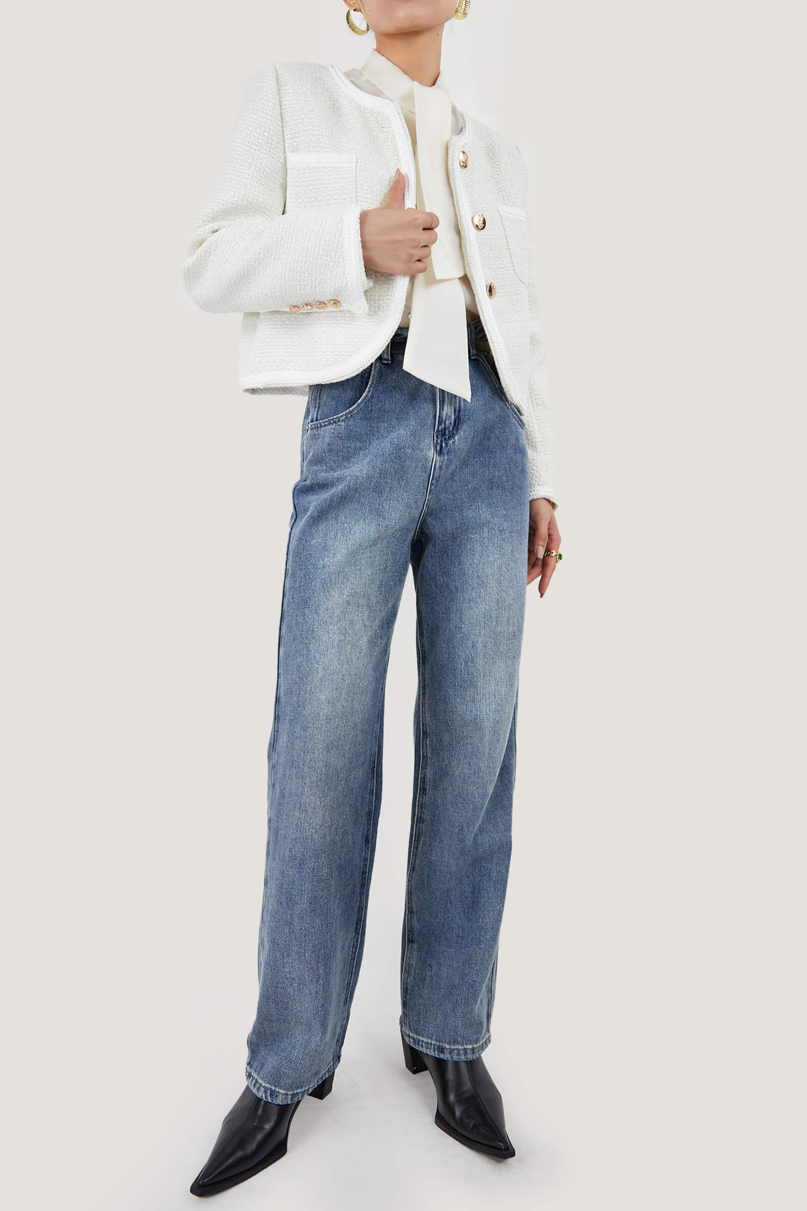 White Frenchy Button Front Detail Tweed Jacket