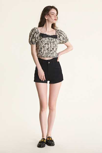 Beige Leaf Print Puff Sleeve Bow Detail Crop Top