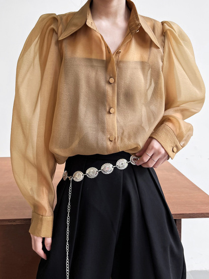 Puff Sleeve Long Sleeve Shirt Caramel Color