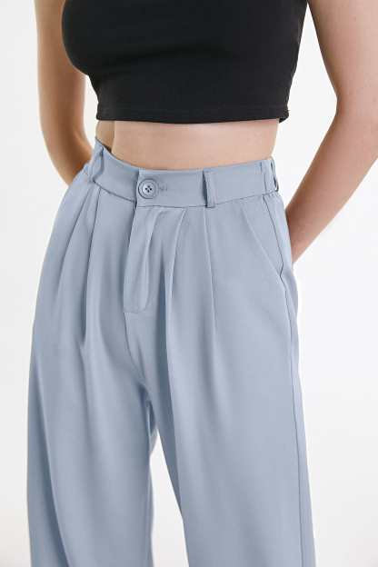 Light Steel Blue  Half Elastic Pleat Detail Wide Leg Suit Pants