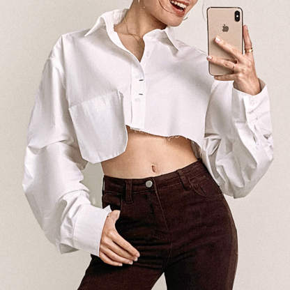 White Pocket Detail Cropped Shirt