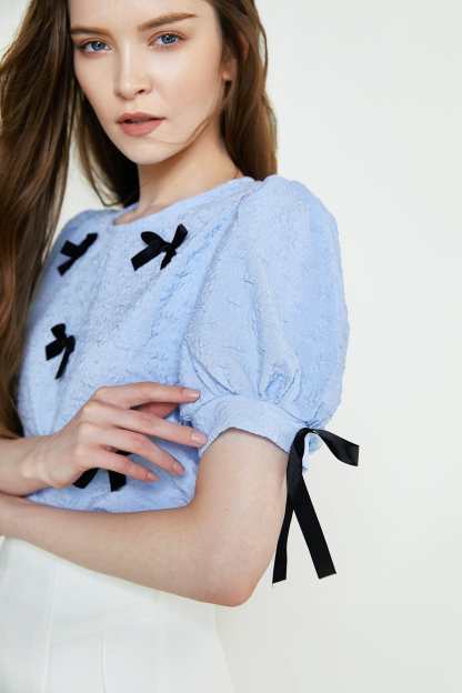 Cornflower Blue Textured Bowknot Decor Puff Sleeve Blouse