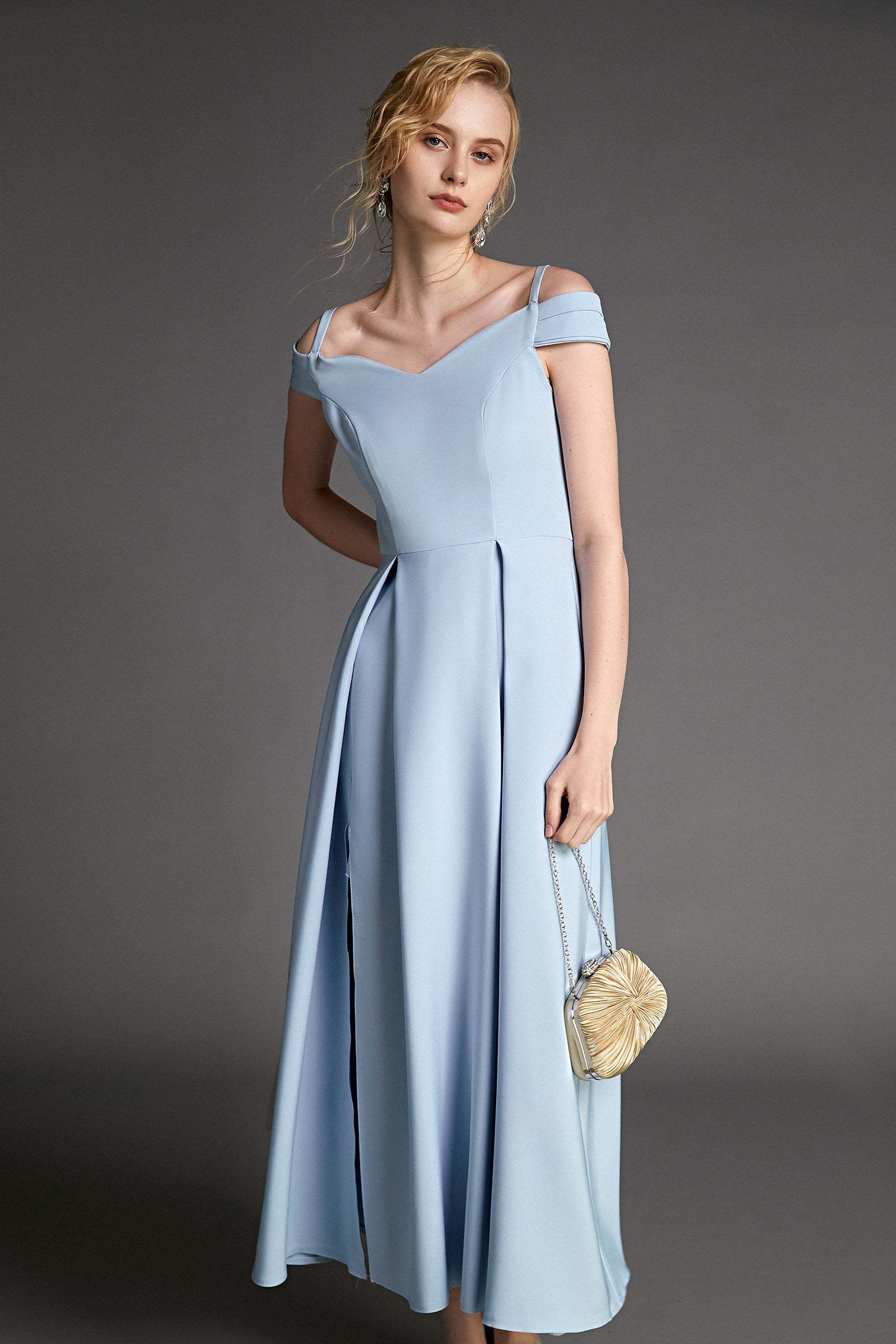 Light Blue Off-the-Shoulder Pleated Side Slit Maxi Evening Dress