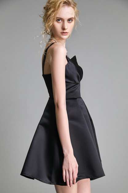 Black Satin Notched Flared Mini Dress