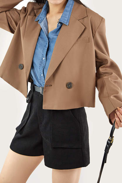 Saddle Brown Double-Breasted Cropped Blazer