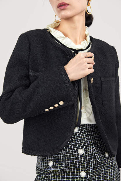 Black Frenchy Button Front Detail Tweed Jacket