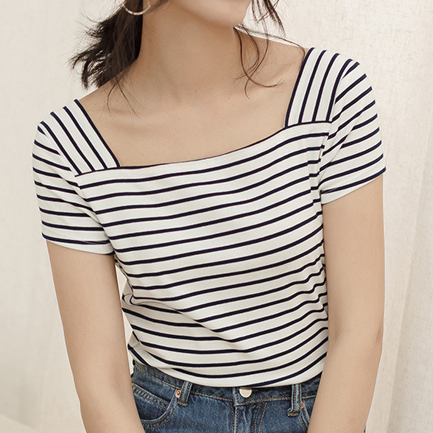 White Striped Square Neck T-Shirt
