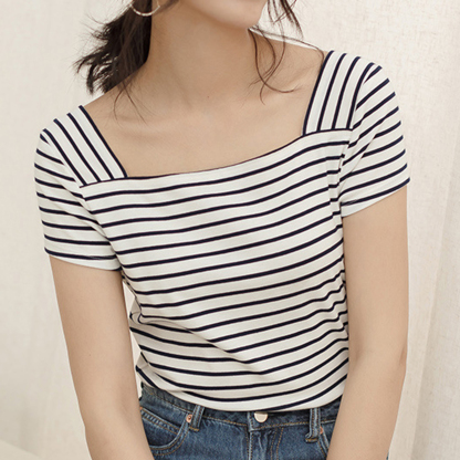 White Striped Square Neck T-Shirt