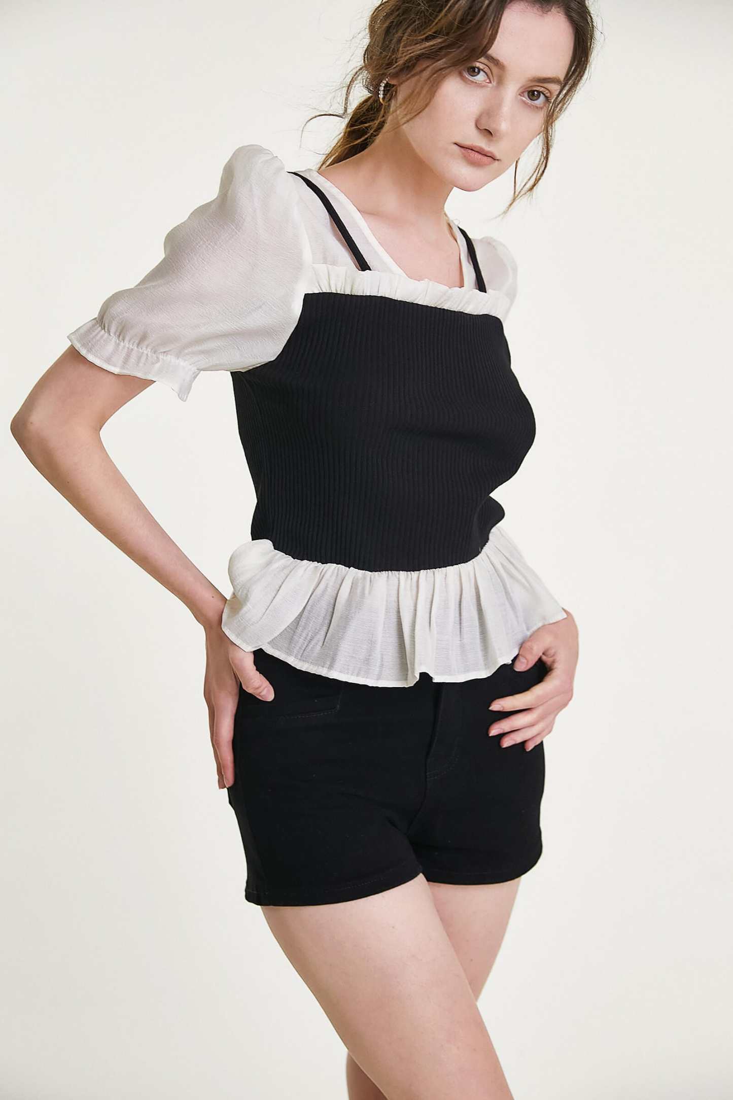 Black Ribbed Ruffled Patchwork Blouse