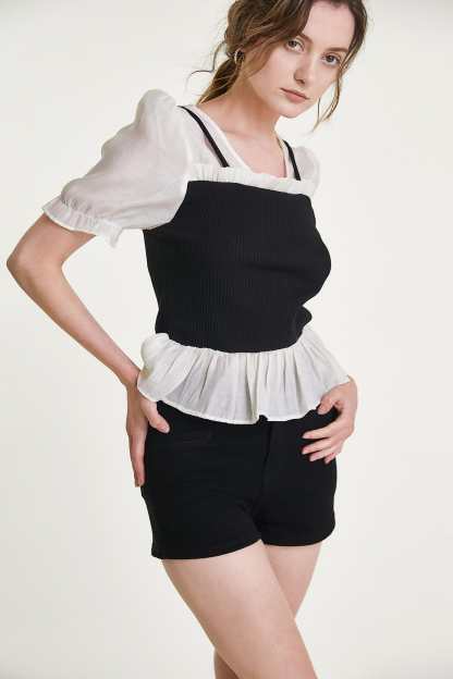 Black Ribbed Ruffled Patchwork Blouse