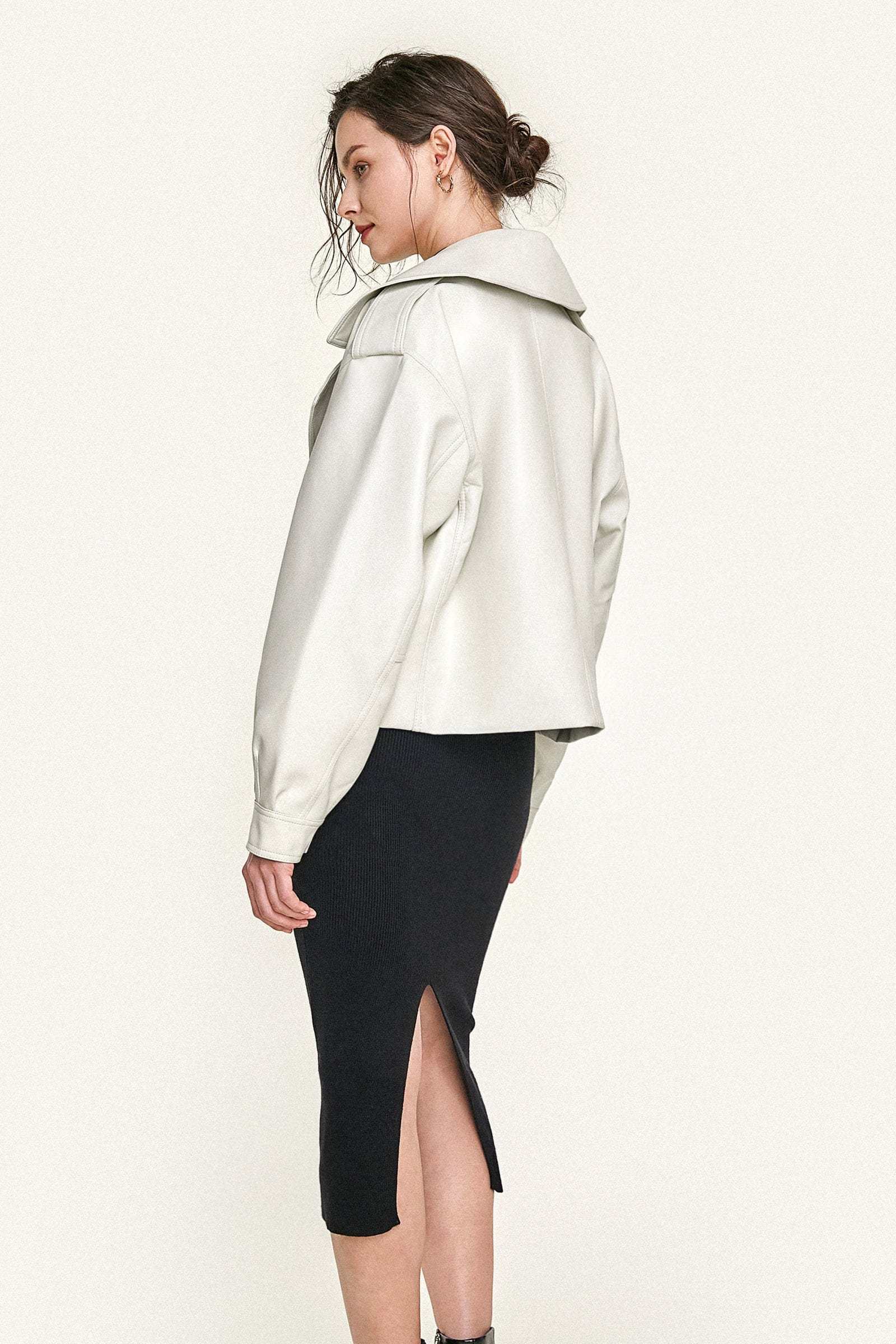 Beige Vegan Leather Pocket Detail Biker Jacket