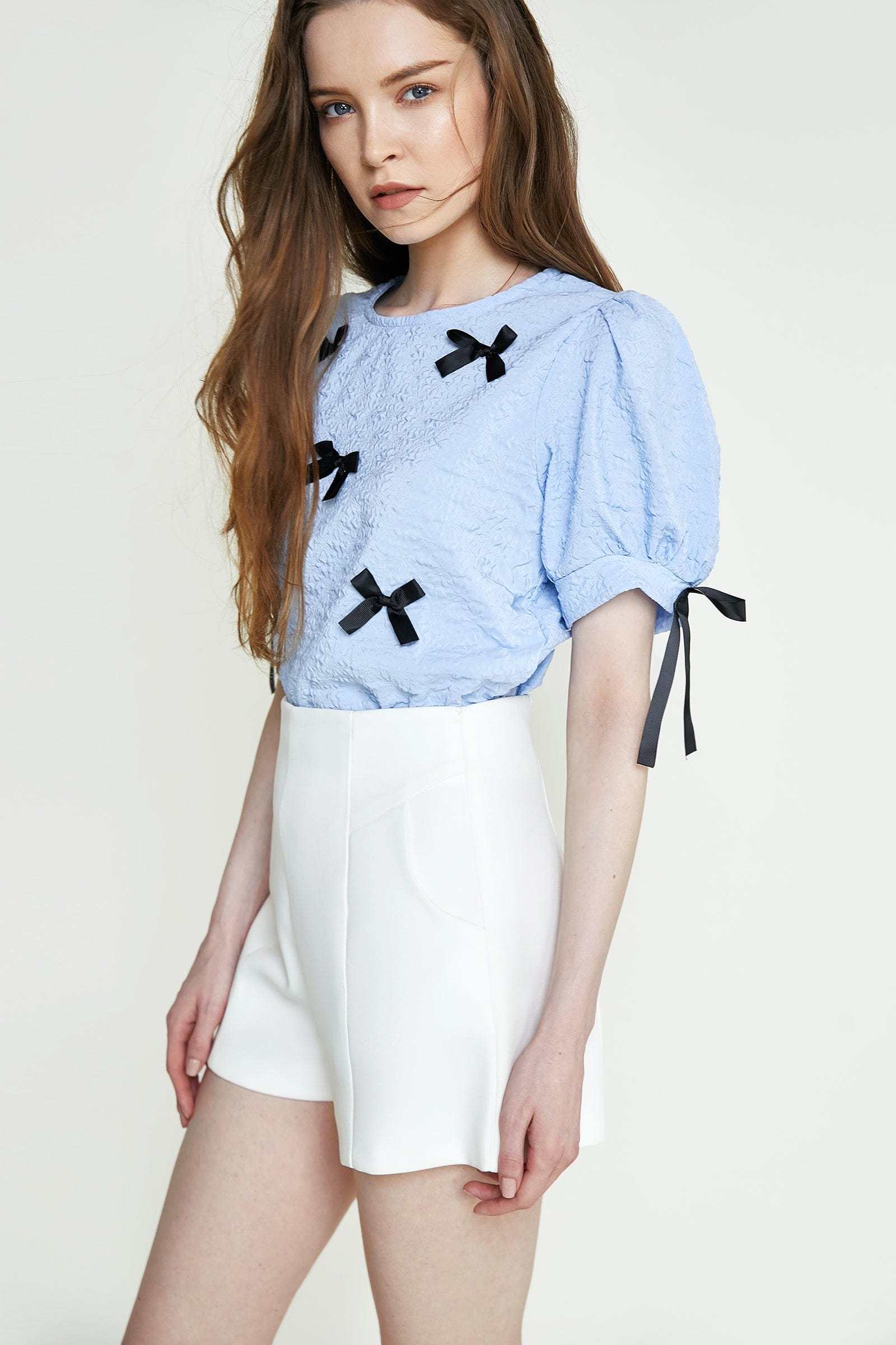 Cornflower Blue Textured Bowknot Decor Puff Sleeve Blouse