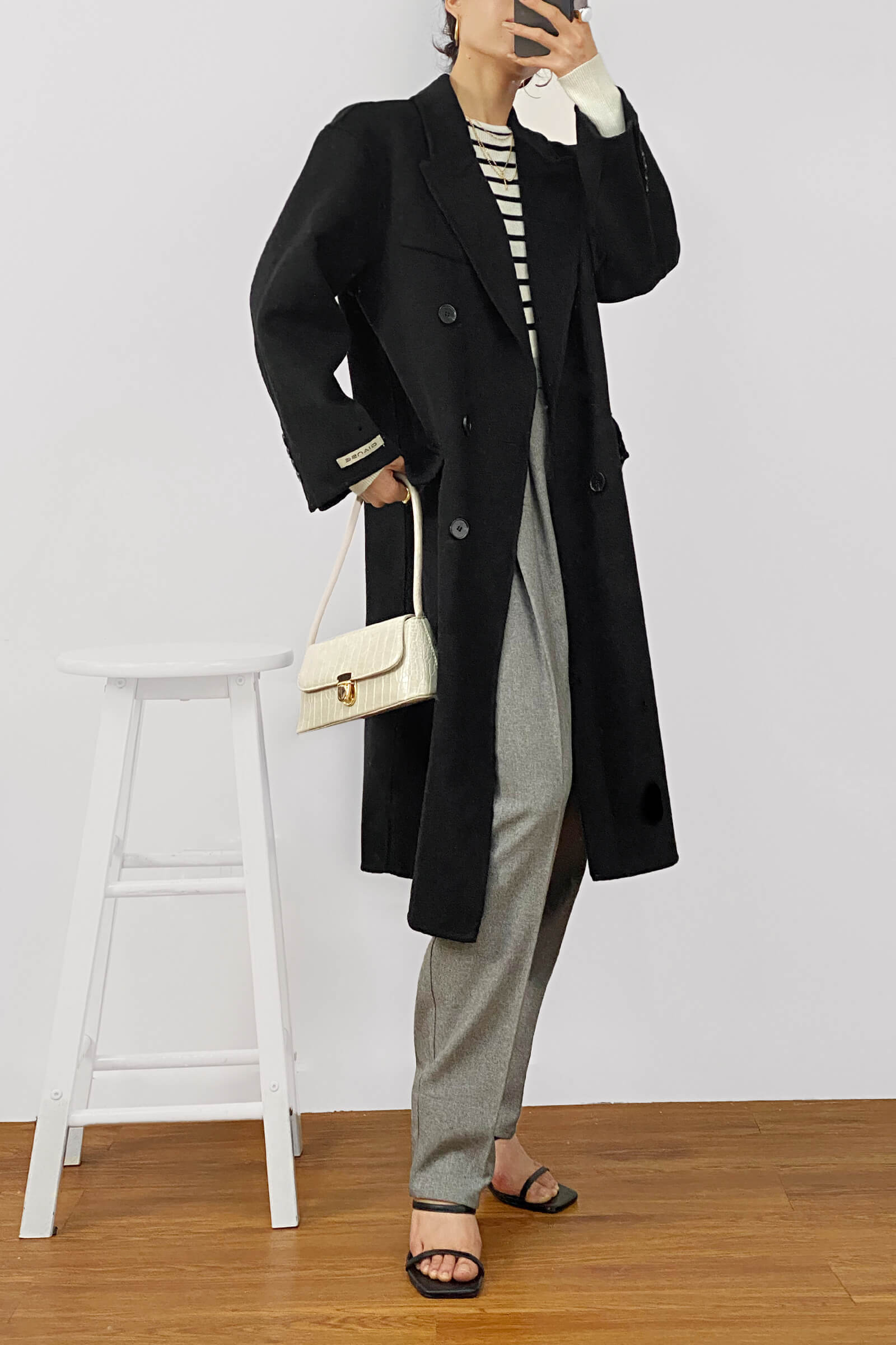 Black Premium Wool Double-Breasted Longline Coat