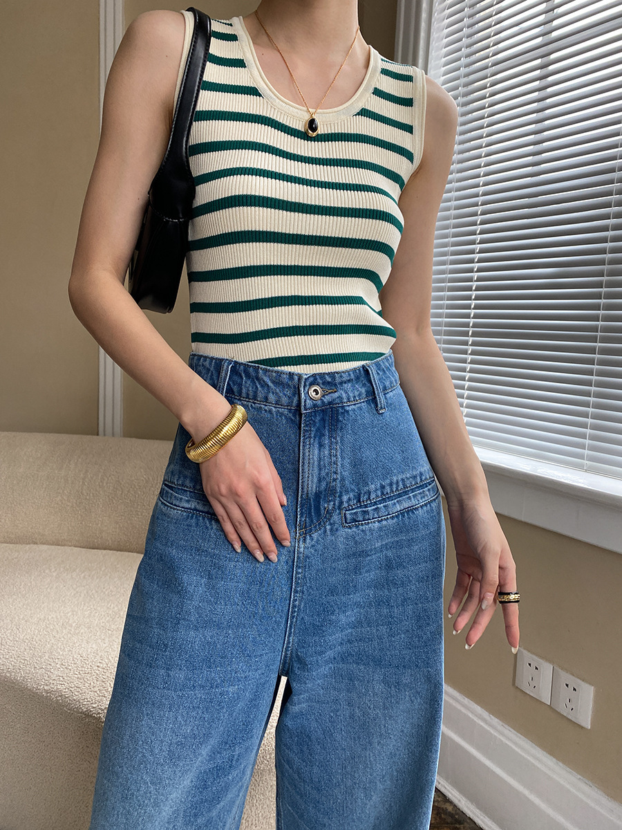 Green Striped Slim-Fit Knit Vest