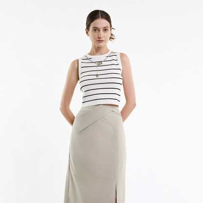 White Chain Necklace Detail Striped Cropped Tank Top