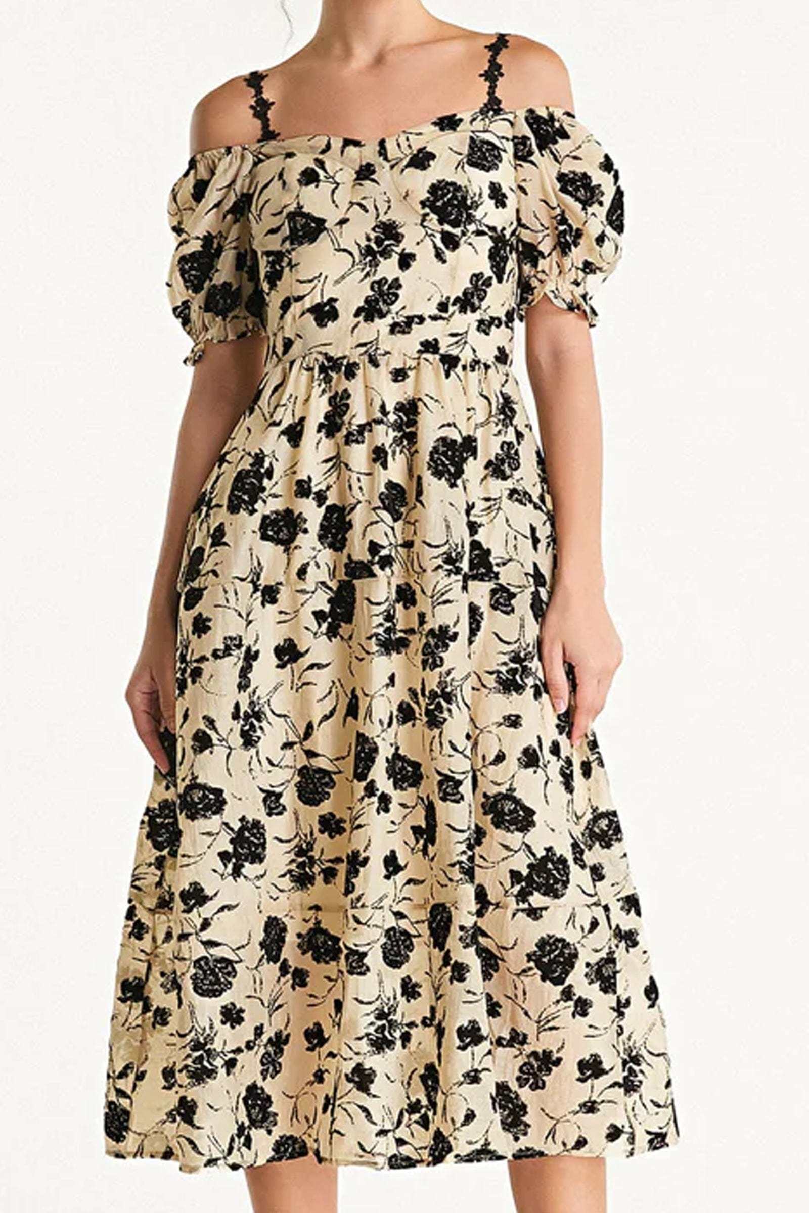 Beige Off-the-Shoulder Velvet Floral Midi Dress