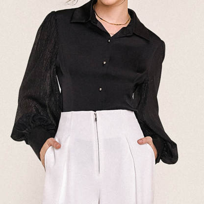Black Button-Up Balloon Sleeve Satin Shirt