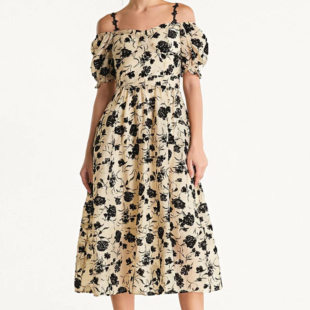 Beige Off-the-Shoulder Velvet Floral Midi Dress-J.ING