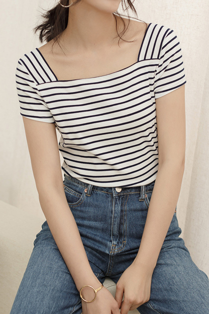 White Striped Square Neck T-Shirt