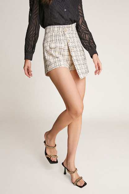 Ivory Tweed High Rise Button Detail Asymmetric Shorts