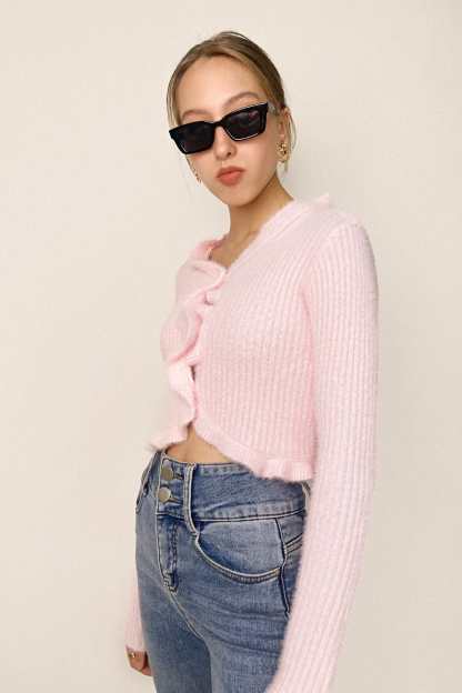 Pink Ruffle Trim Ribbed Knit Fitted Cardigan