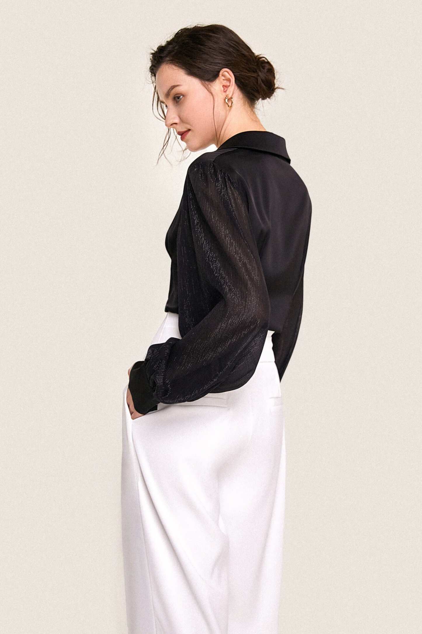 Black Button-Up Balloon Sleeve Satin Shirt