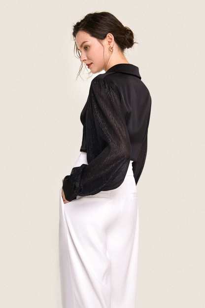 Black Button-Up Balloon Sleeve Satin Shirt
