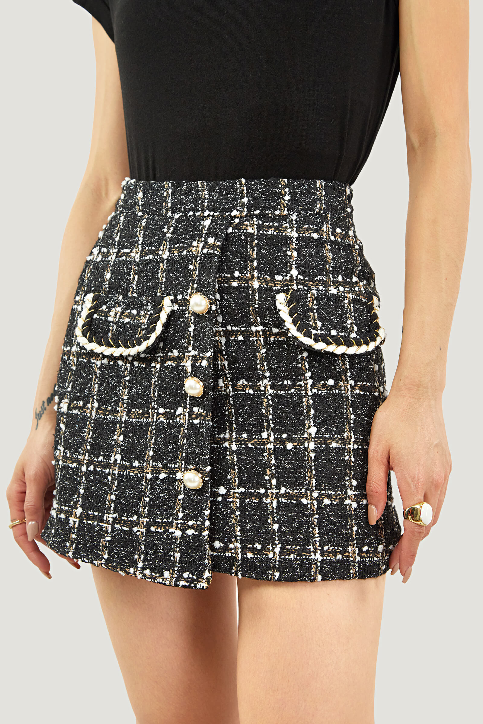 Black Plaid Tweed Fake Flap Pocket Jacket & Skirt Two-Piece Set