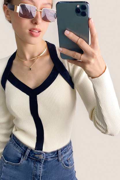 Ivory Ribbed Contrast Trim Sweater