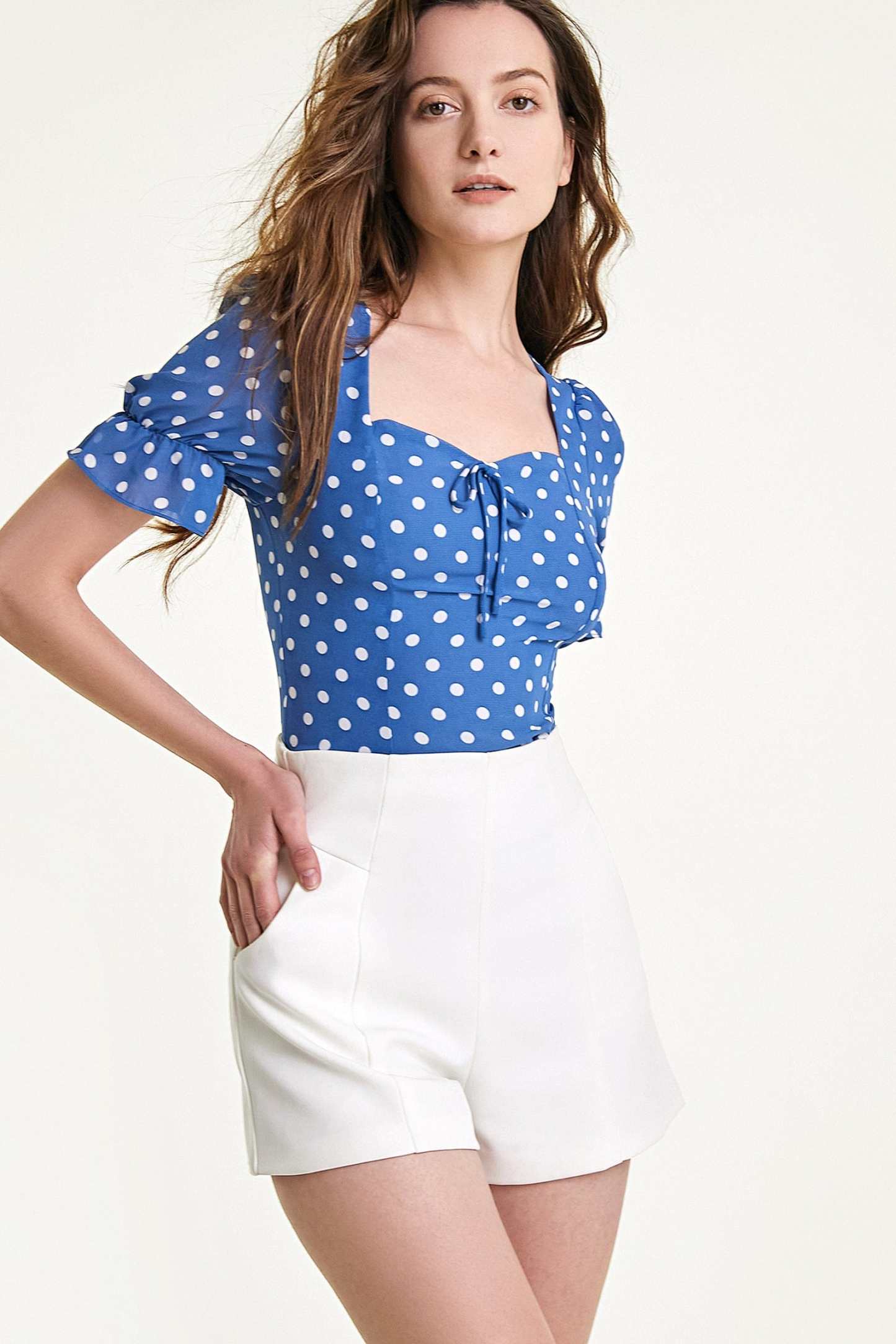 Steel Blue Polka Dot Tie Detail Cropped Blouse
