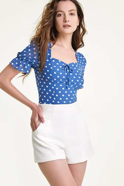 Steel Blue Polka Dot Tie Detail Cropped Blouse