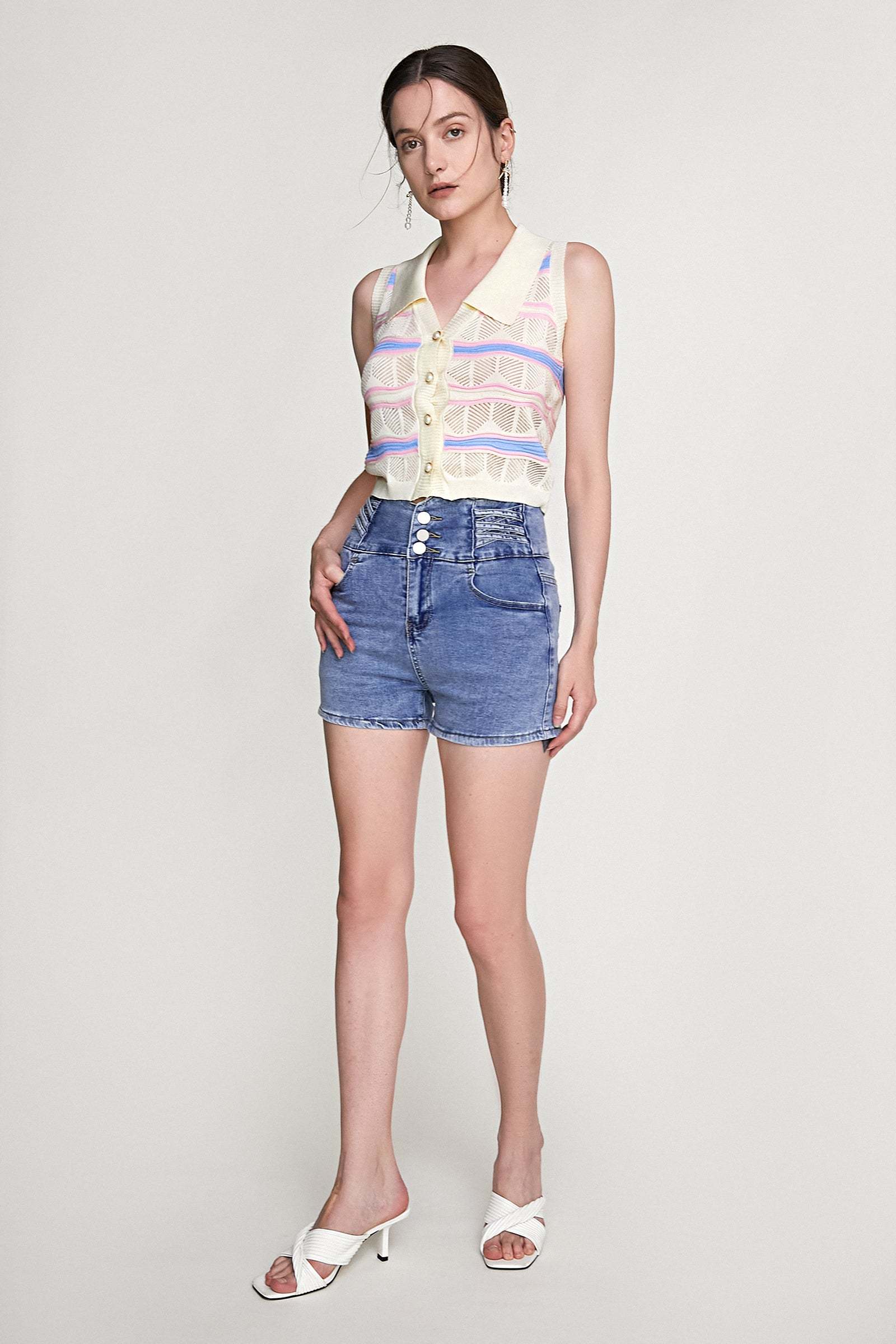 Ivory Striped Button-Up Knitted Collar Vest