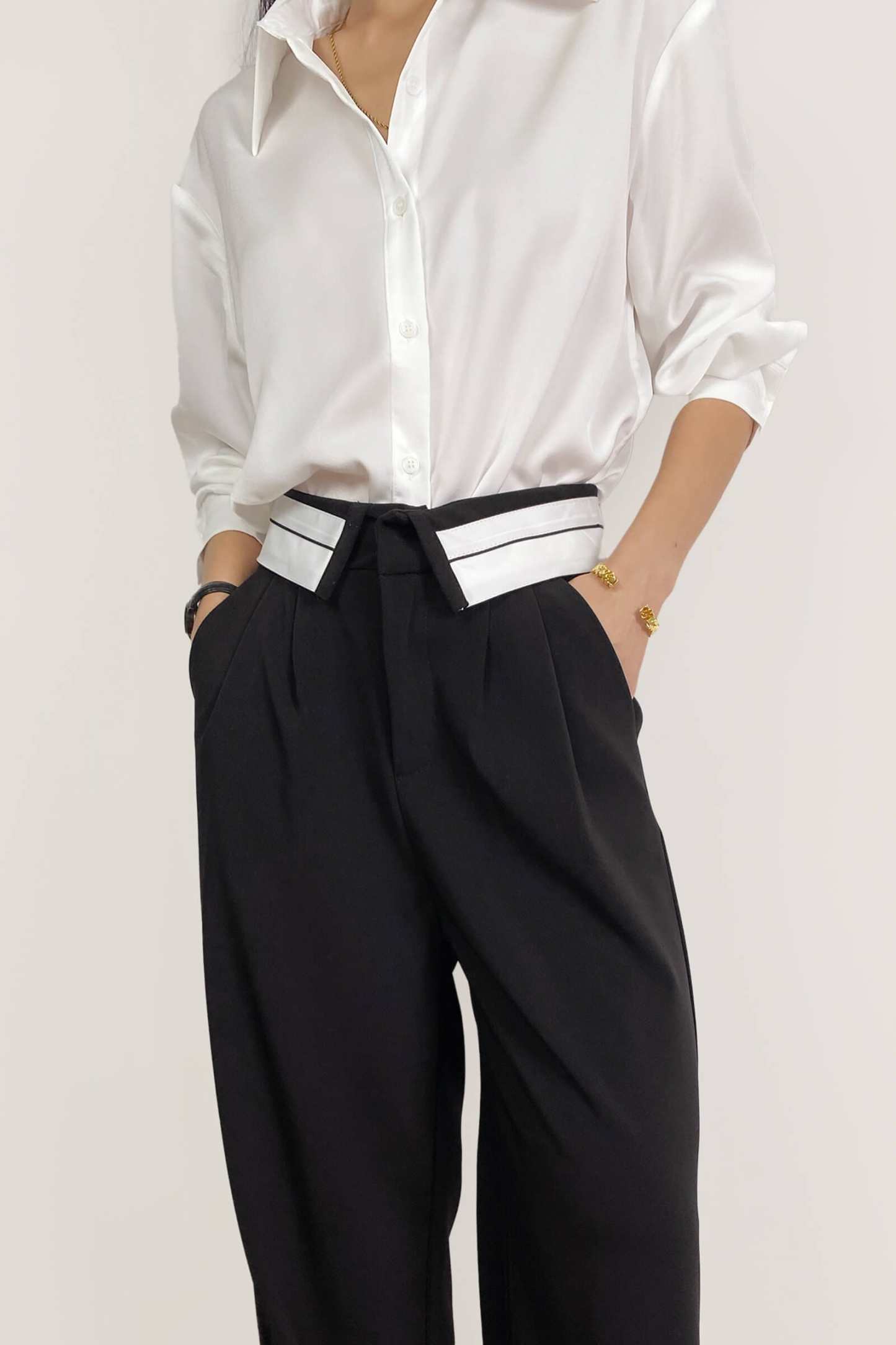 Black Contrast Foldover Waist Wide Leg Pants