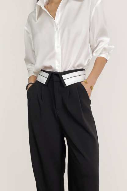 Black Contrast Foldover Waist Wide Leg Pants