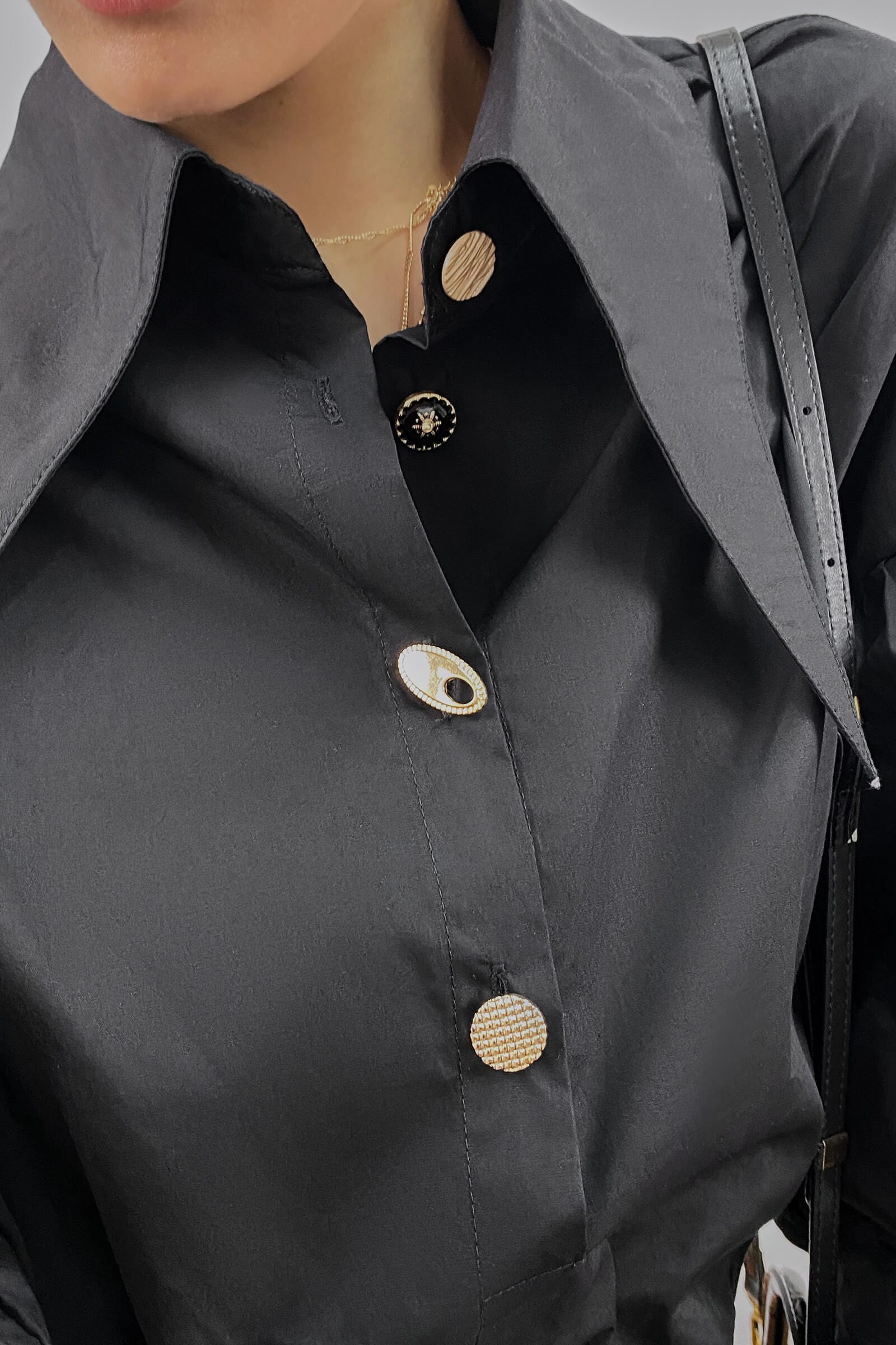 Black Pointed Collar Button Detail Lantern Sleeve Shirt