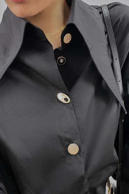 Black Pointed Collar Button Detail Lantern Sleeve Shirt