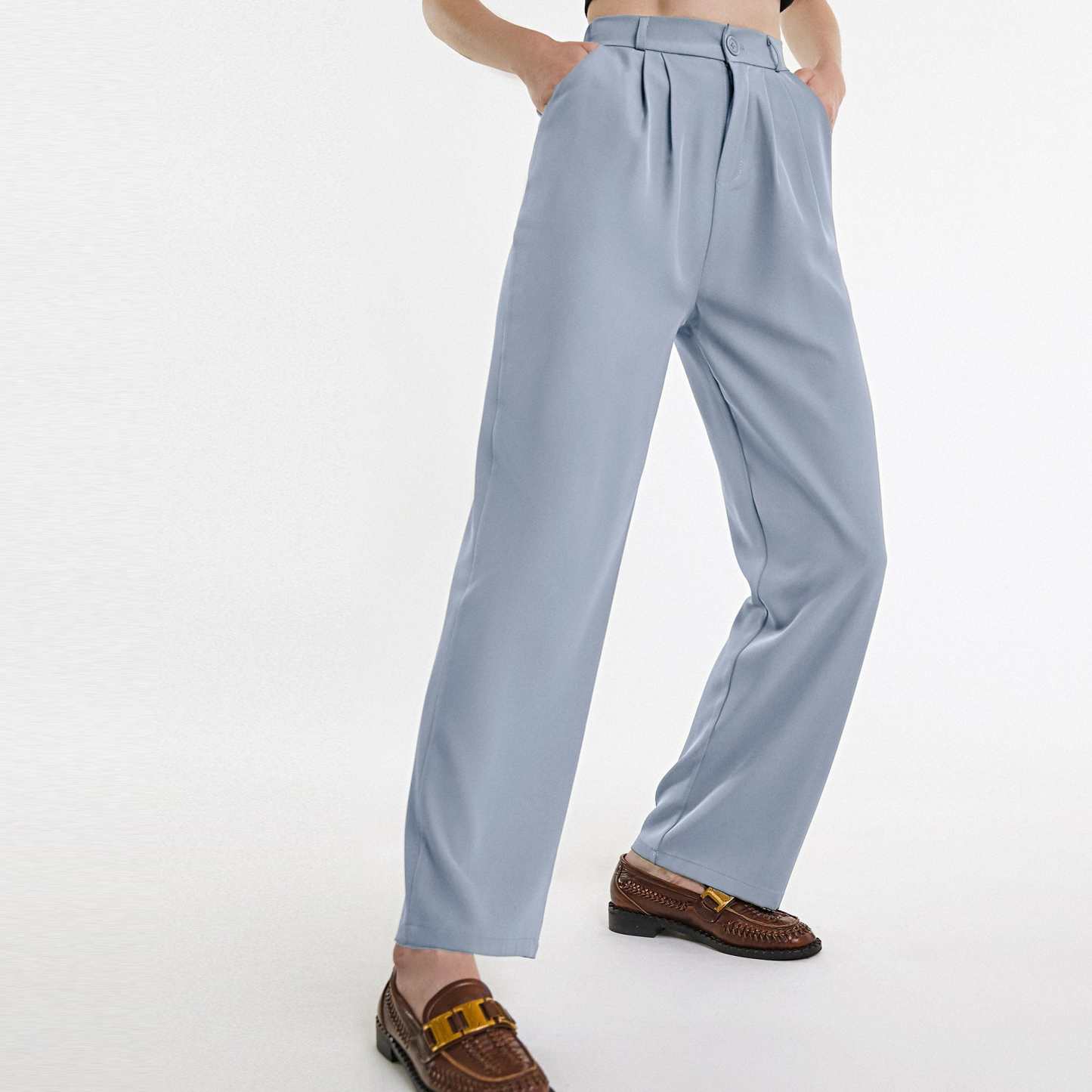 Light Steel Blue Half Elastic Pleat Detail Wide Leg Suit Pants