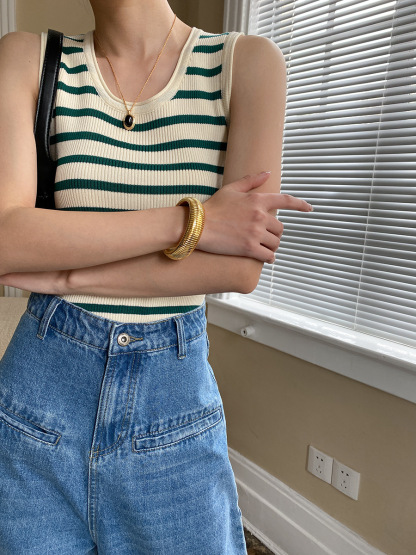 Green Striped Slim-Fit Knit Vest