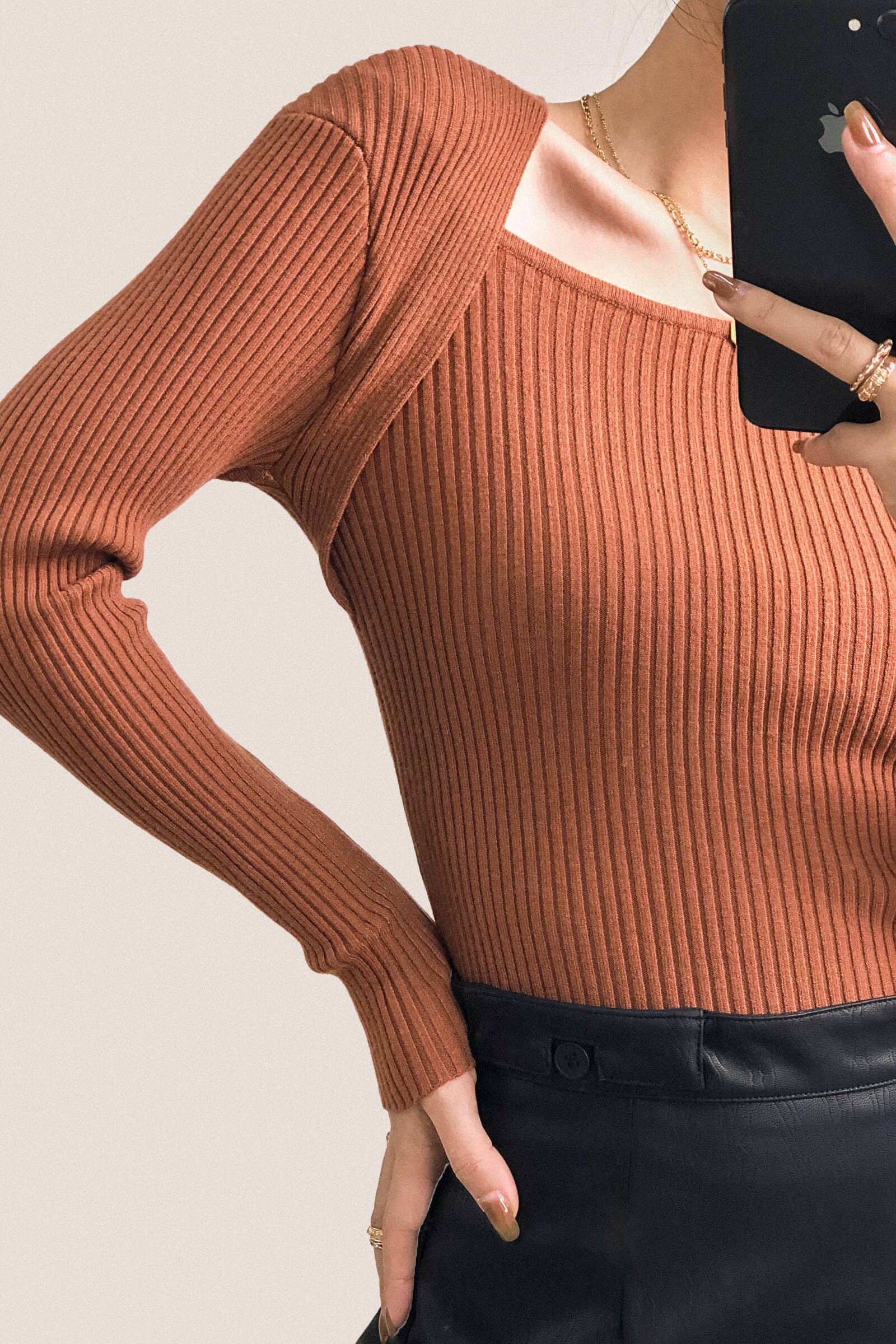 Brown Ribbed Knit Square Neck Sweater