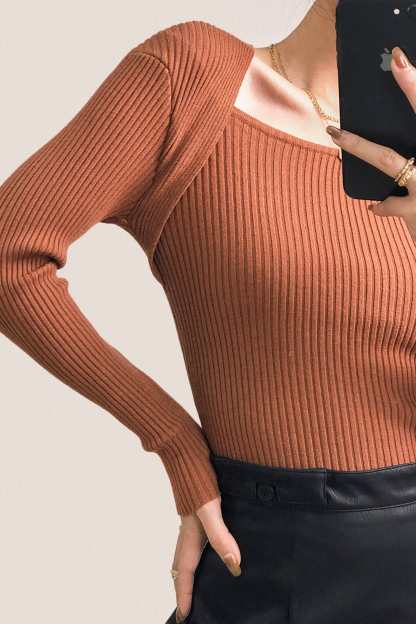 Brown Ribbed Knit Square Neck Sweater