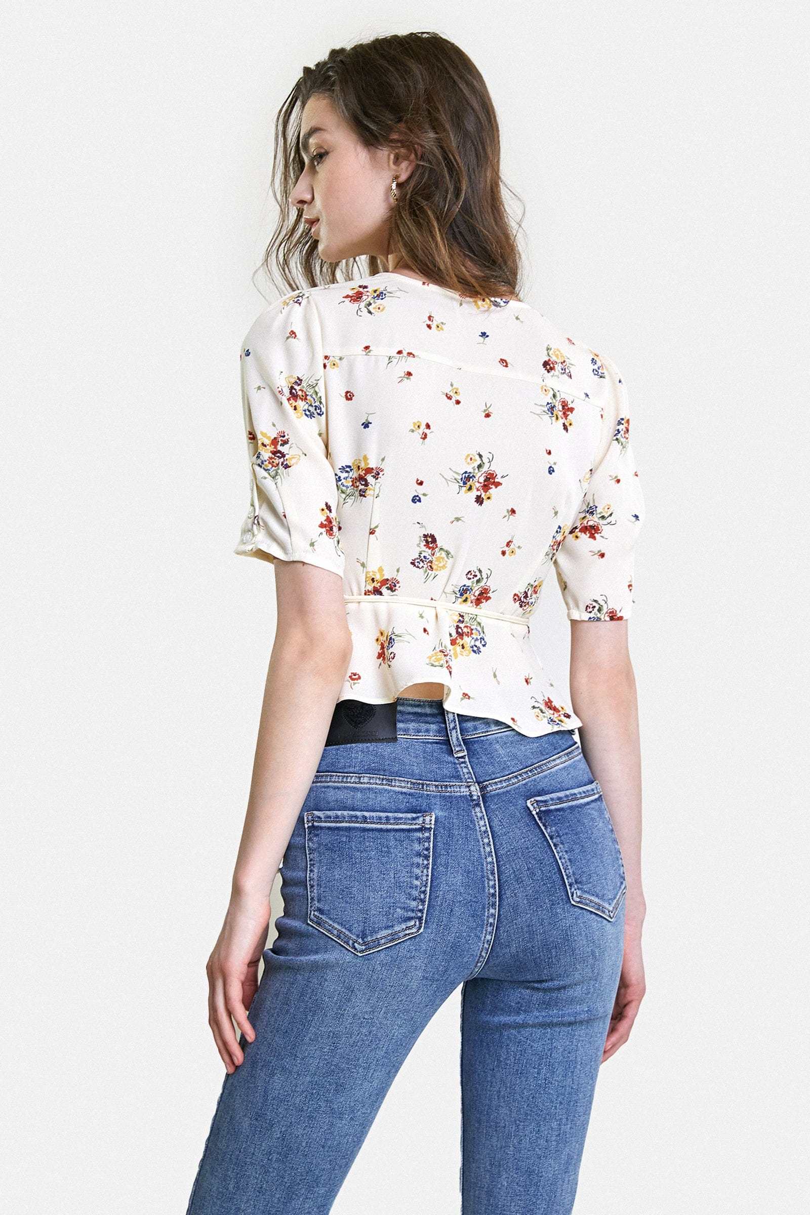 Ivory Floral Print Surplice V-Neck Tie Detail Blouse