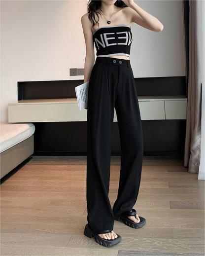 Black Business Casual Double Buckle Wide-leg Suit Pants