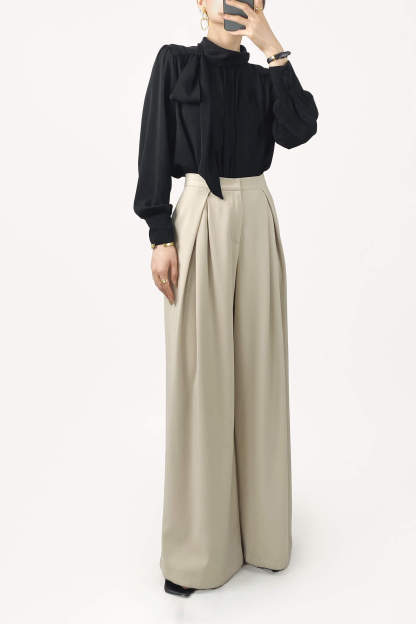 Black Long Sleeve Tie Neck Blouse