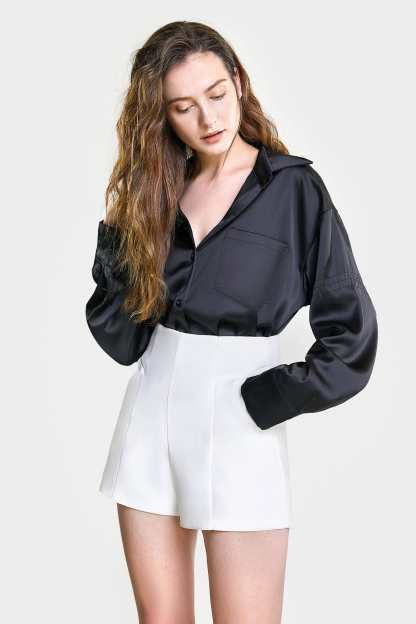 Black Satin Button Front Chest Pocket Shirt