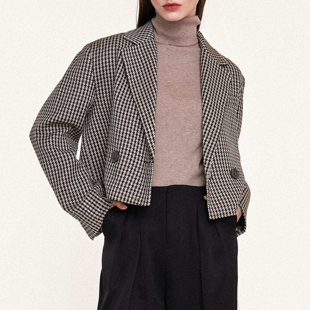 Sienna Double-Breasted Houndstooth Cropped Blazer