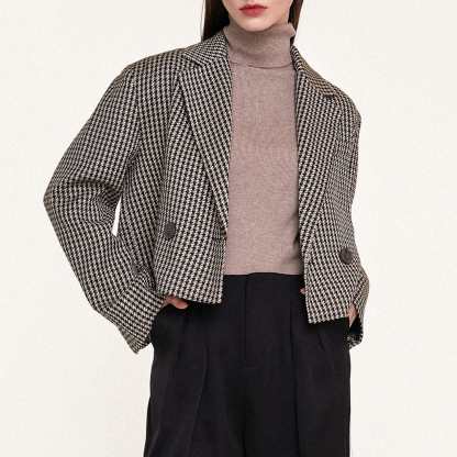 Sienna Double-Breasted Houndstooth Cropped Blazer